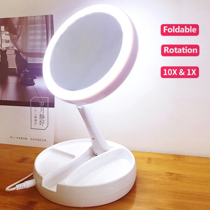 21 LEDs Lighted Folded 10X Magnifying Makeup Mirror USB  Desktop Double sided Cosmetic Touch-ups Luminous Folding Lamp Mirror (5)
