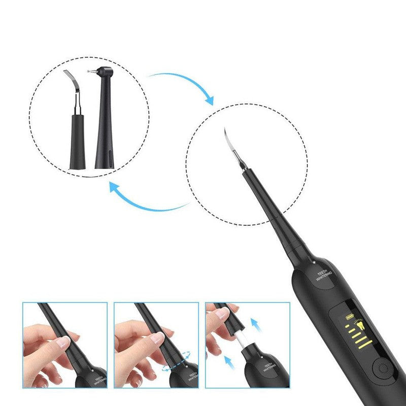 מכשיר אולטראסוני לניקוי אבנית בשיניים נטען USB עם 3 ראשים מתחלפים לבית – תמונה 4
