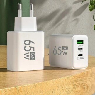מטען קיר מהיר 3 יציאות GaN 65W, שתי יציאות TYPE C ו-USB לטעינה מהירה