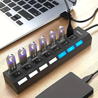 מפצל מרכזיה USB 7 יציאות עם מפסקים נפרדים לחיבור מהיר ויעיל של מכשירים
