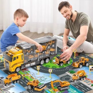 משאית צעצוע מובילה מכוניות לילדים - סט 12 כלי תחבורה עם ידית נשיאה