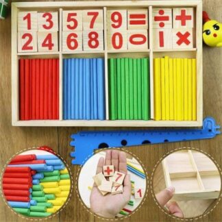 ערכת משחק ללימוד פעולות חשבון עם מקלות עץ וקוביות - לגילאי הגן ובית הספר