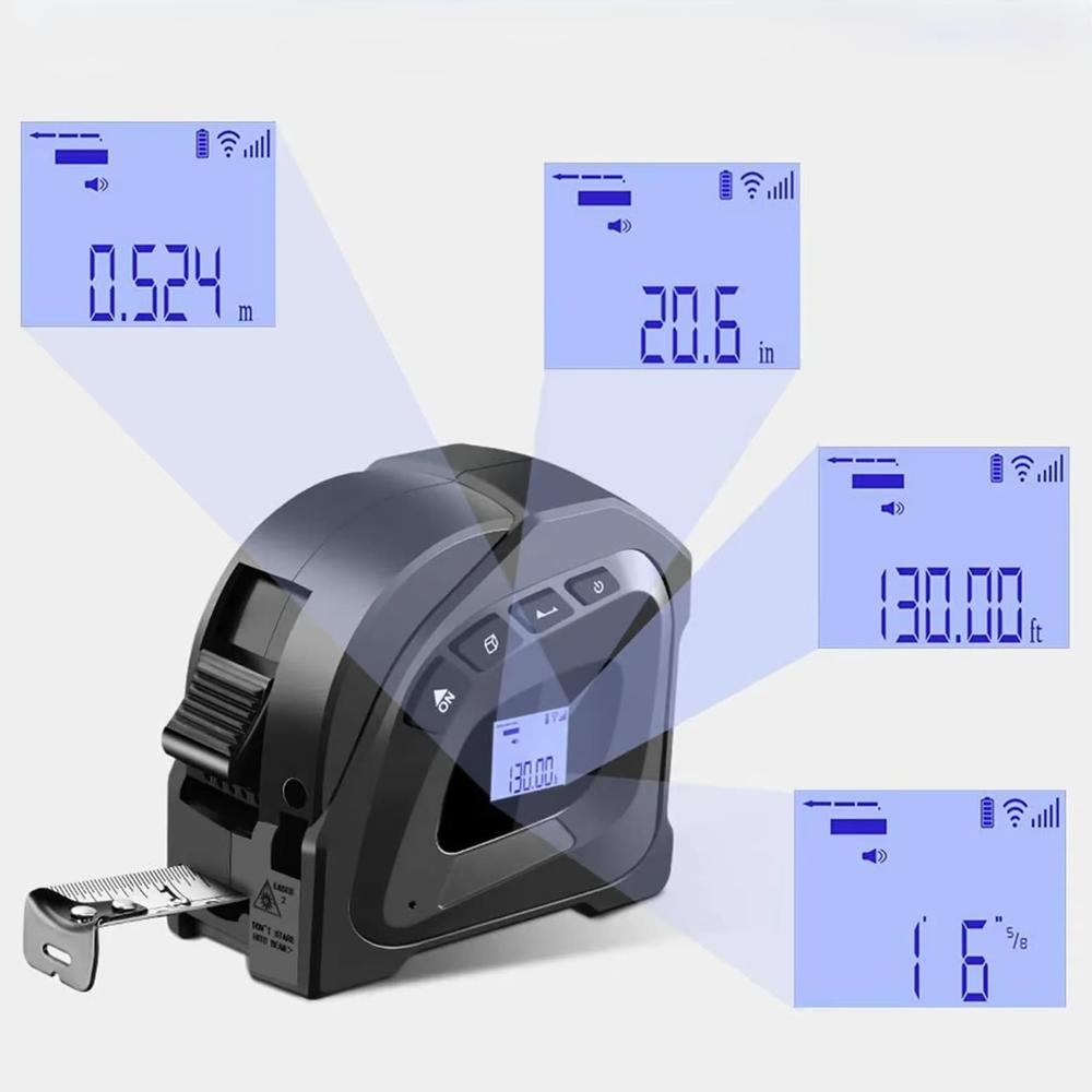 מטר לייזר דיגיטלי נטען עם סרט מדידה 2 ב-1, מסך LCD ותצוגה מוארת לעבודה מדויקת בחושך – תמונה 2