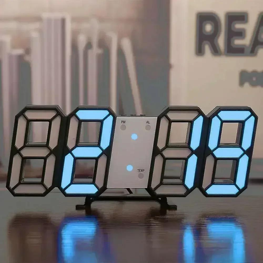 שעון קיר דיגיטלי תלת מימד 3D עם צג LED גדול, תאריך, טמפרטורה ושעון מעורר - לבית ולמשרד – תמונה 3