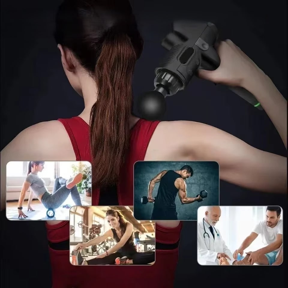 אקדח עיסוי שרירים מקצועי עם 6 מהירויות ו-4 ראשים – תמונה 3