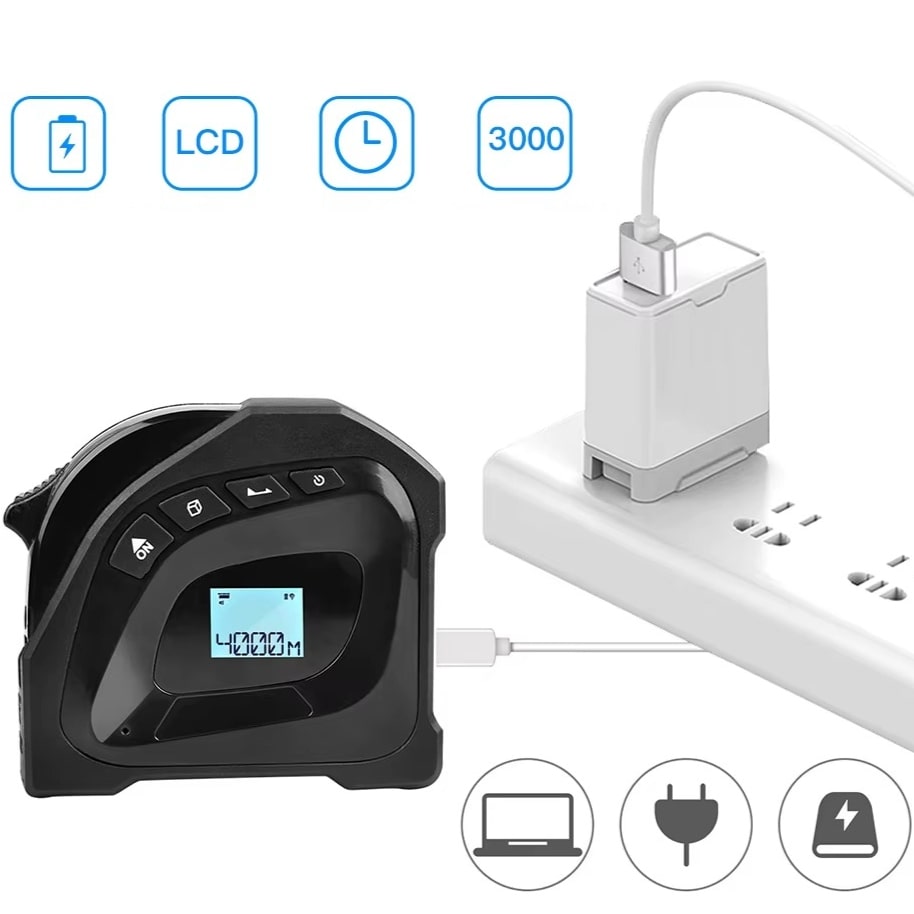מטר לייזר דיגיטלי נטען עם סרט מדידה 2 ב-1, מסך LCD ותצוגה מוארת לעבודה מדויקת בחושך – תמונה 3